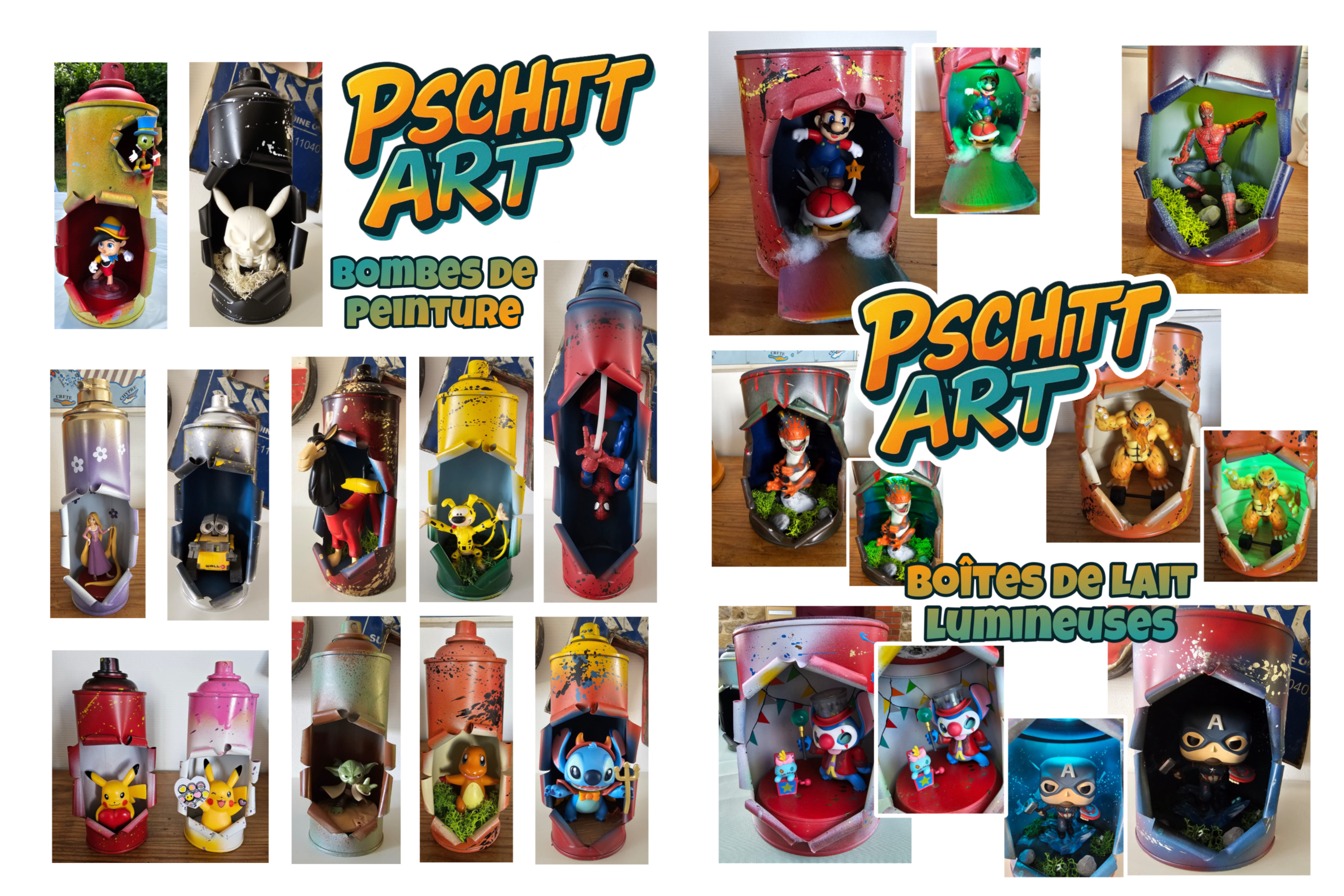 Bombes de peinture et boîtes de lait lumineuses - Pschitt Art